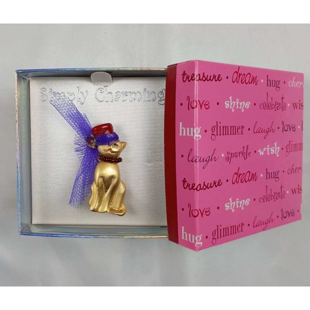 Vintage Simply Charming Tanya Creations Gold Cat Brooch Pin Red Hat Veil NIB Box